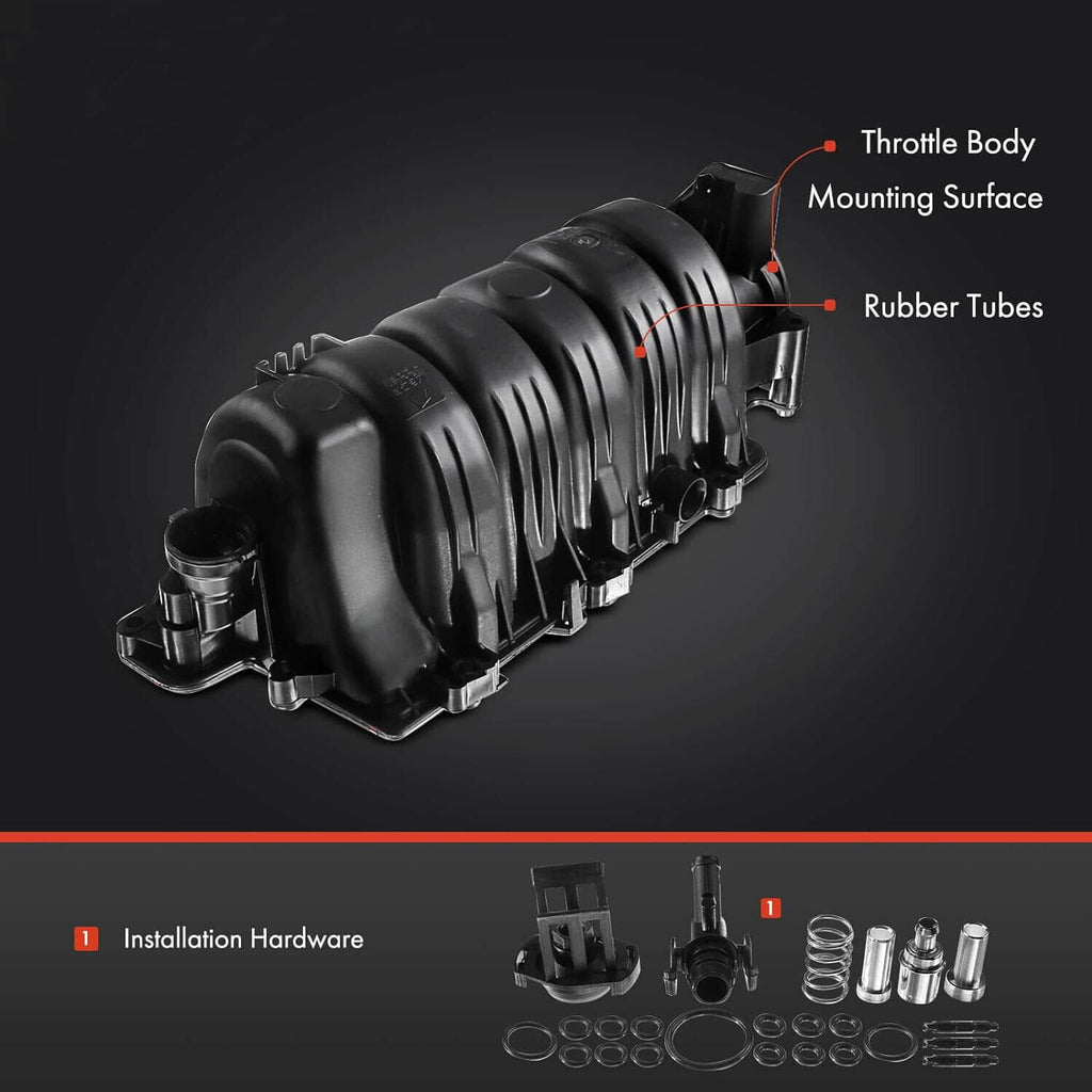 Upper intake manifold angled view with labeled throttle mounting and rubber tubes