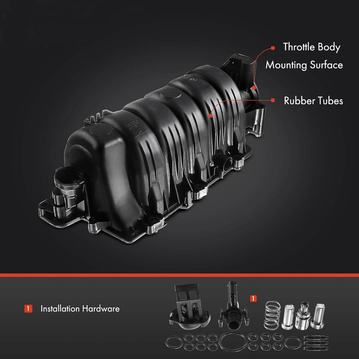 Upper intake manifold angled view with labeled throttle mounting and rubber tubes
