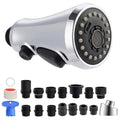Chrome pull-down kitchen faucet head with spray face and black rubber nozzles