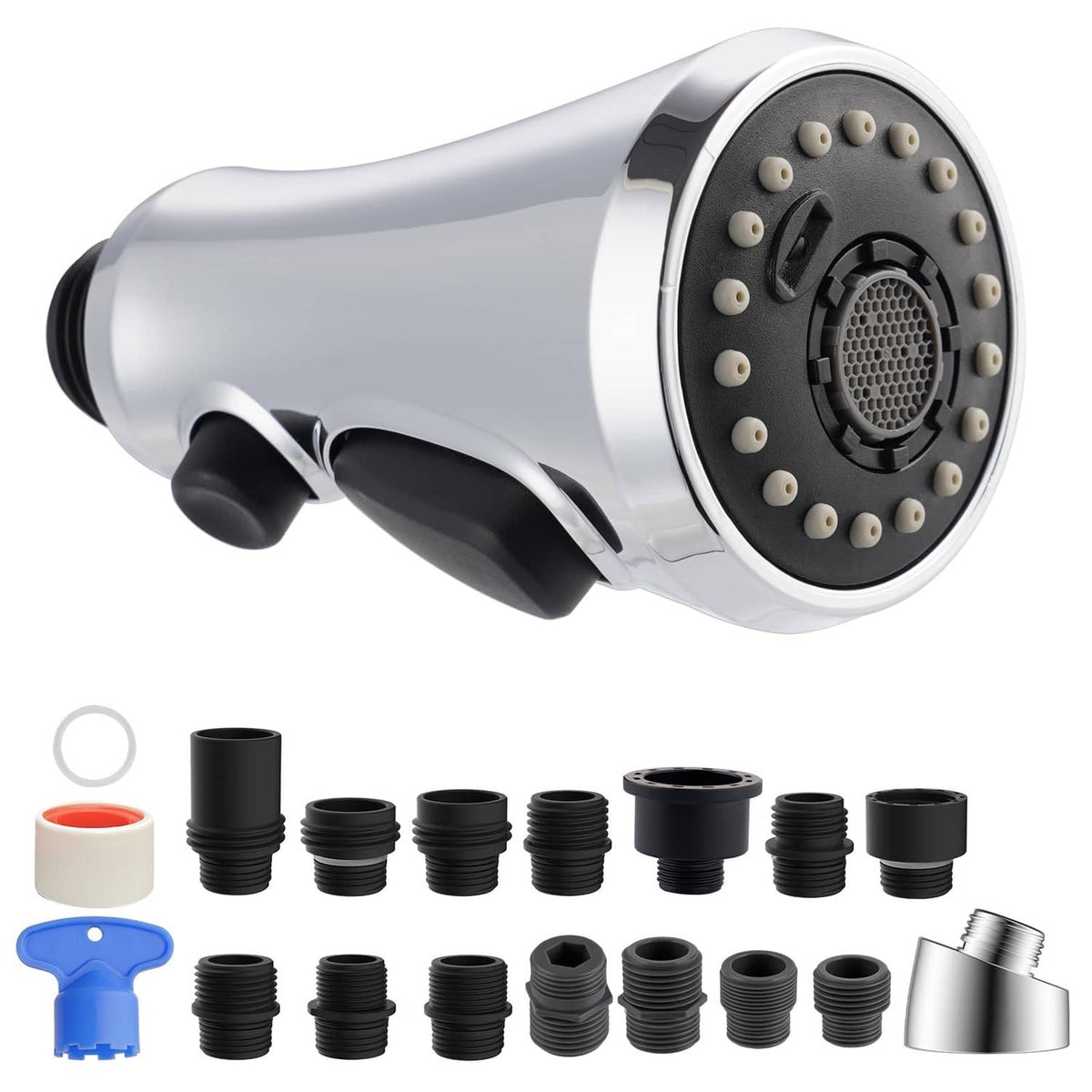 Chrome pull-down kitchen faucet head with spray face and black rubber nozzles