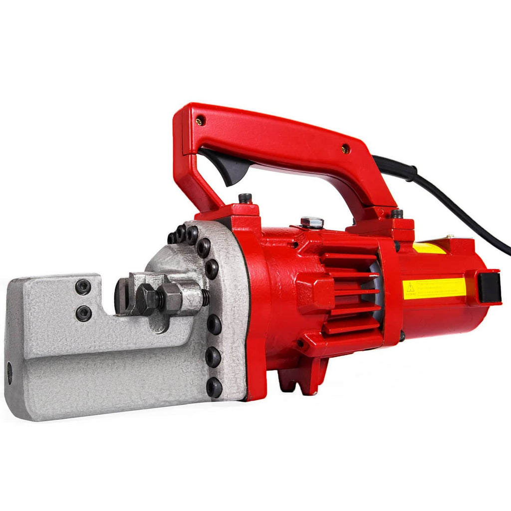 Red electric rebar cutter with ergonomic handle and gray die, side view