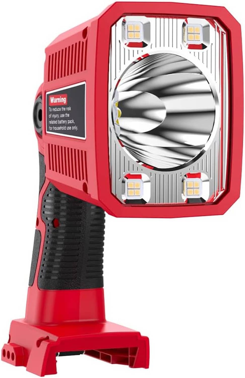 Red cordless LED work light with square spotlight head and side cooling vents