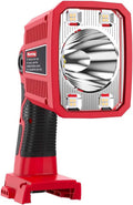 Red cordless LED work light with square spotlight head and side cooling vents