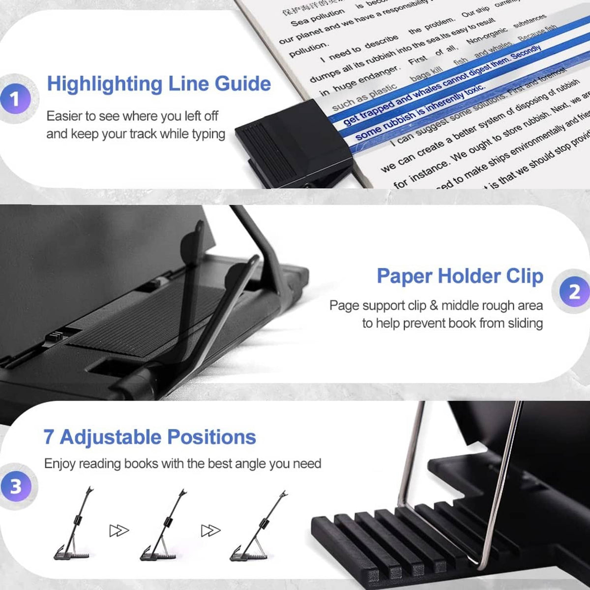 Black desktop document holder stand with adjustable base positions and page clip