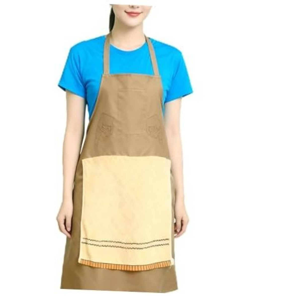 Brown chef prank apron with tan bib panel and front pocket, adjustable straps