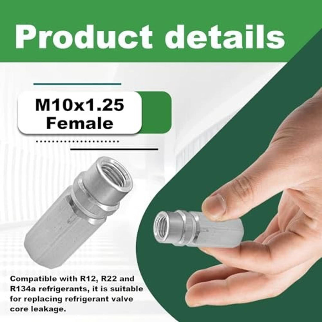 Silver air conditioning valve core with M10x1.25 threads and finger installation view