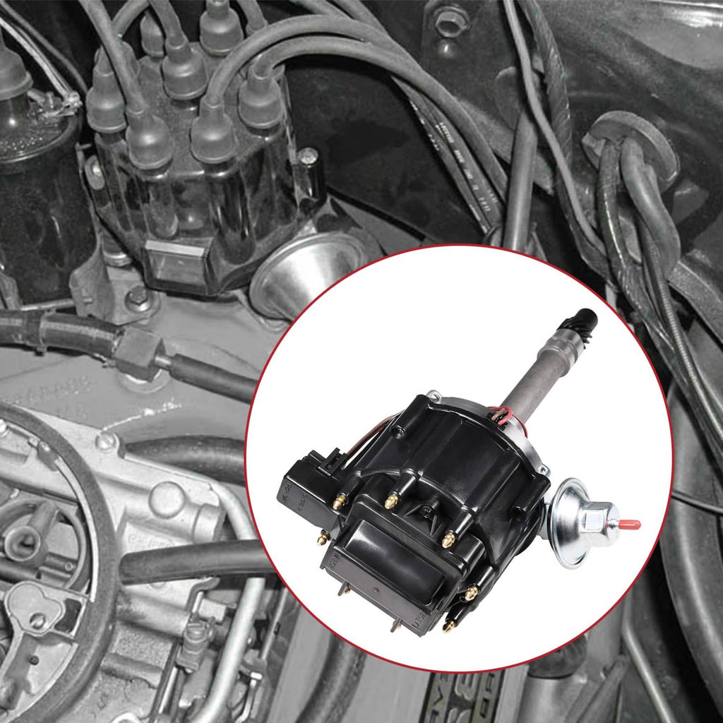 HEI tach drive distributor installed area, black housing with wiring terminals