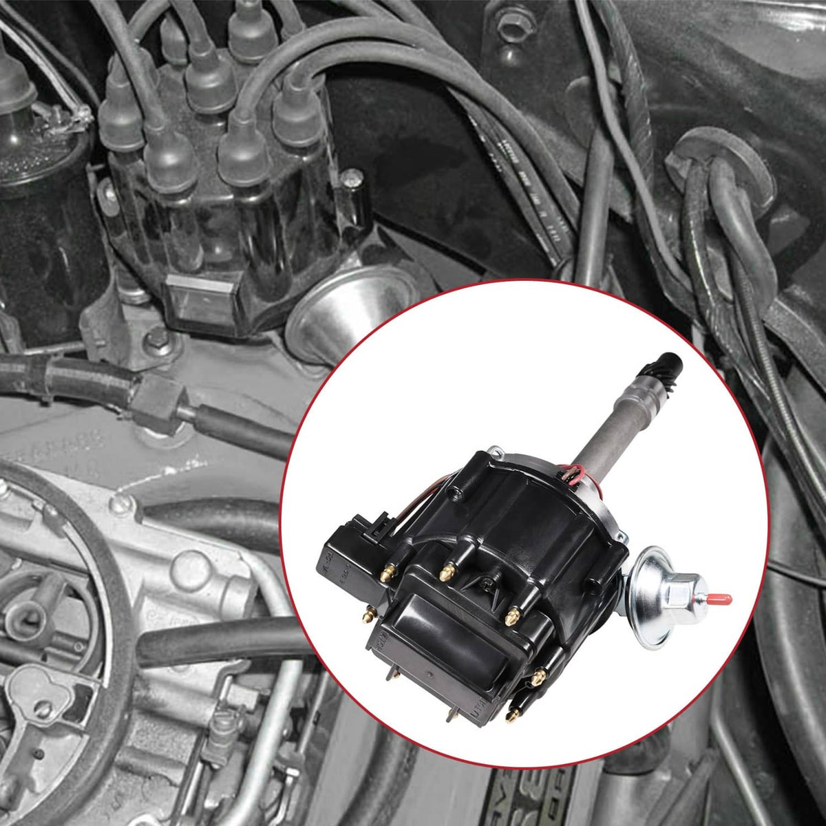 HEI tach drive distributor installed area, black housing with wiring terminals
