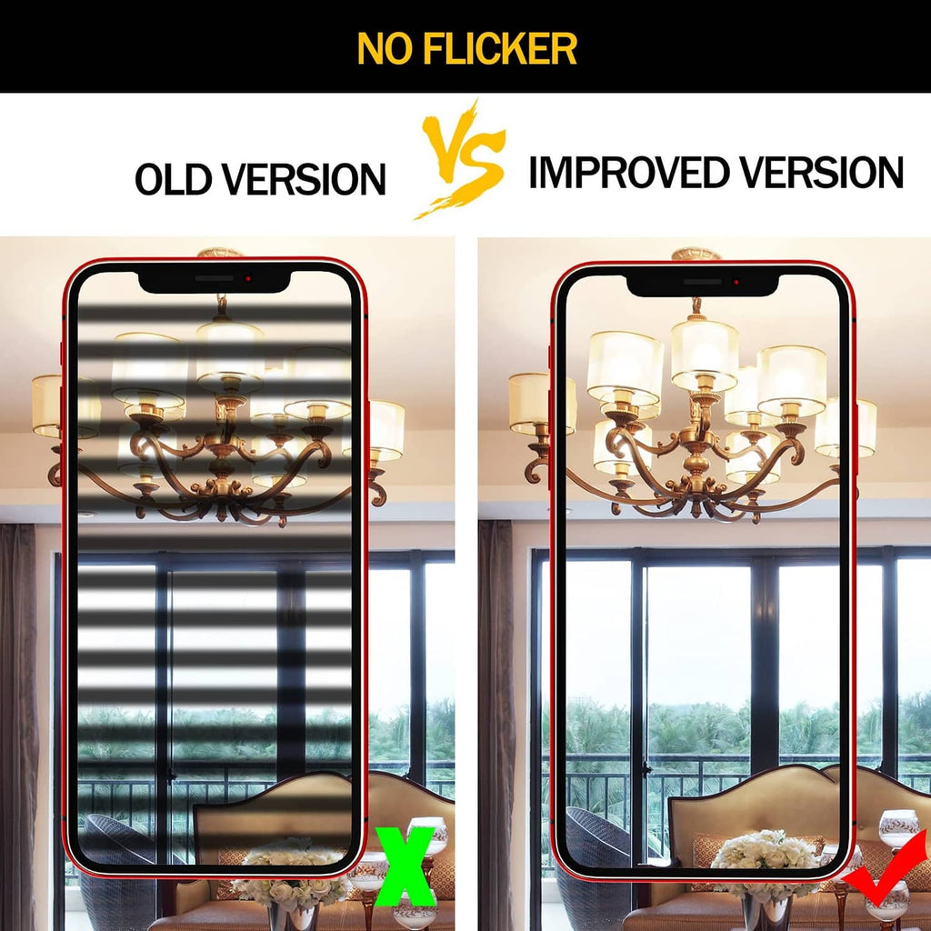 LED chandelier bulbs with bright steady glow in a before-and-after flicker comparison