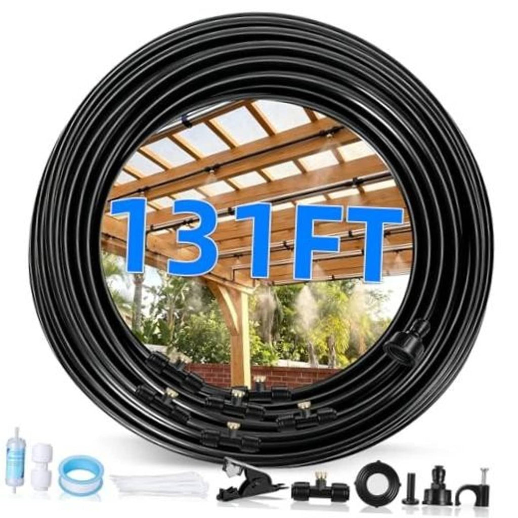 Outdoor patio misting system hose coil, black tubing with brass nozzles