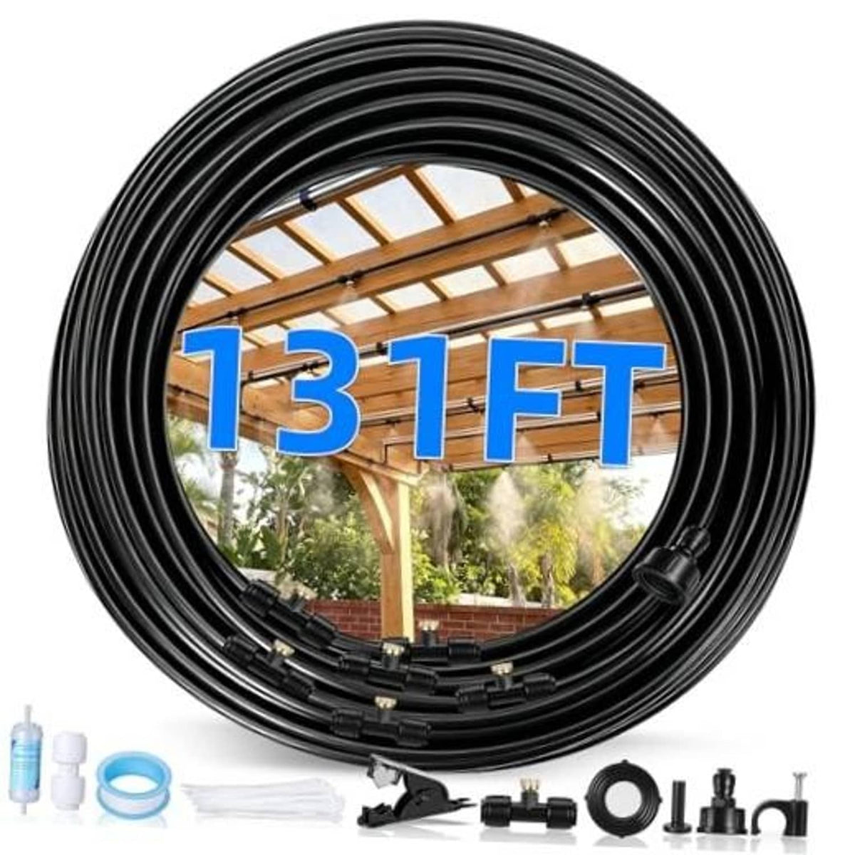 Outdoor patio misting system hose coil, black tubing with brass nozzles
