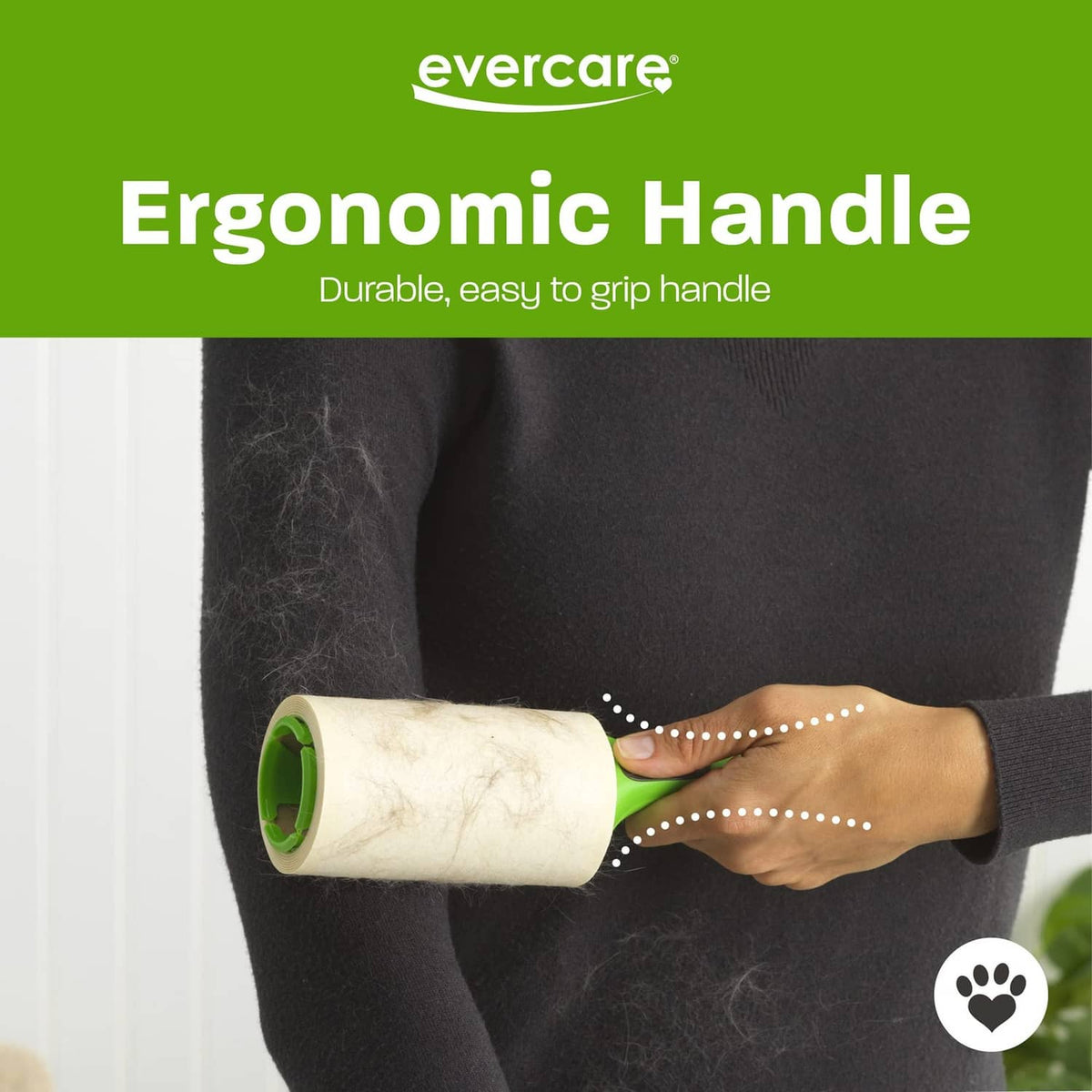 Evercare lint roller with ergonomic green handle and adhesive sheet for easy grip.