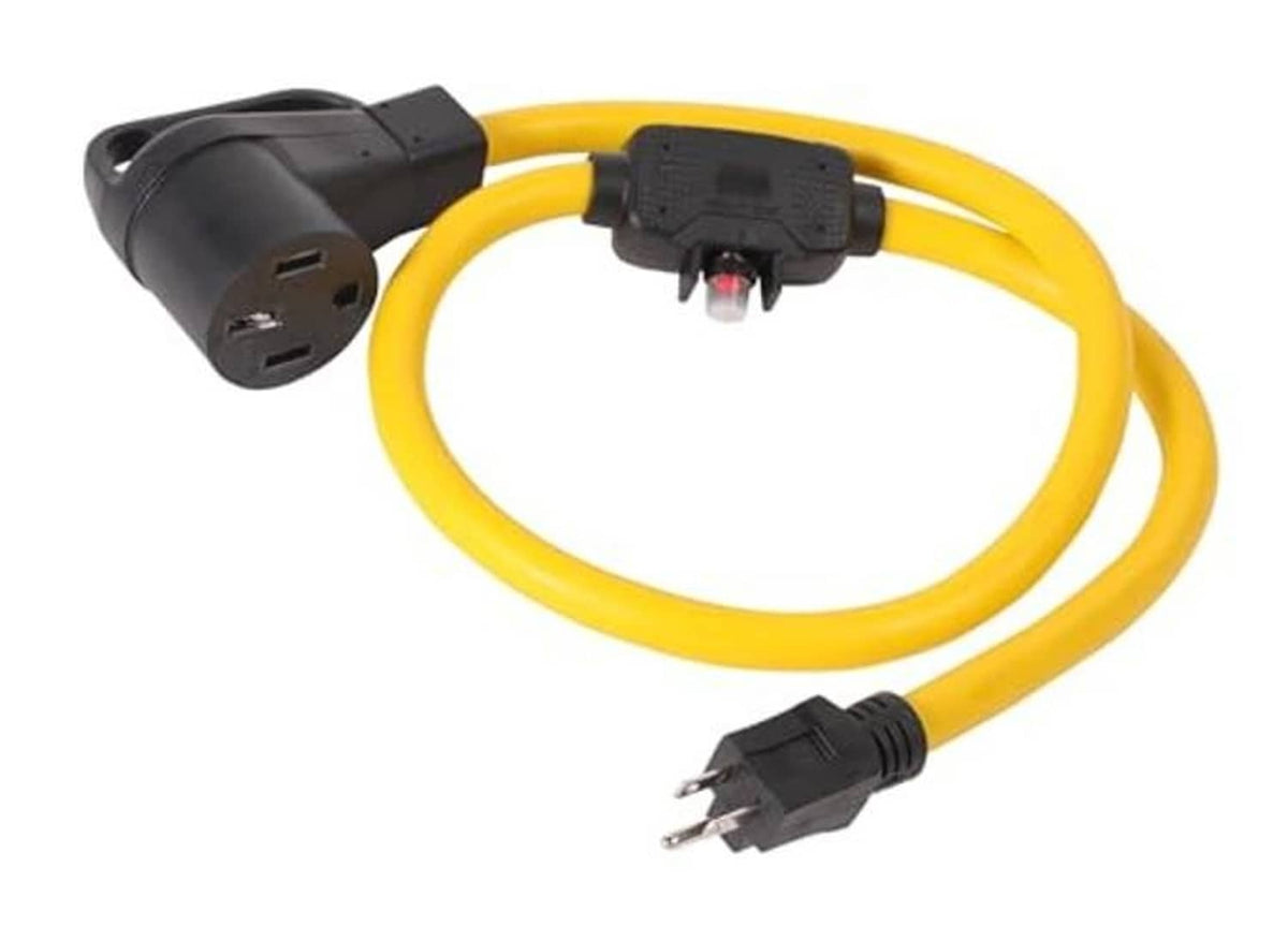 Yellow extension-style adapter cord with two-prong plug and outlet converter