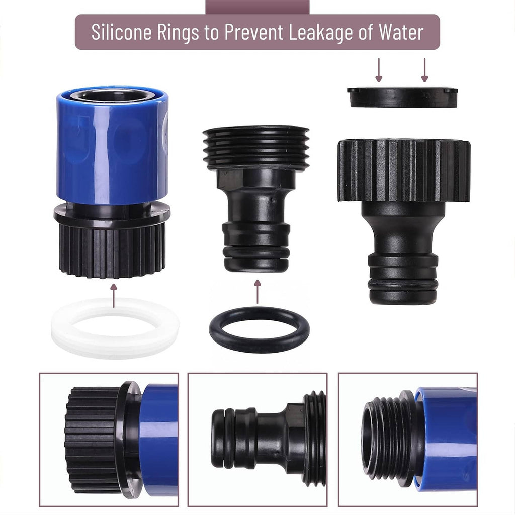 Blue and black garden hose quick connector set with silicone rings for leak prevention