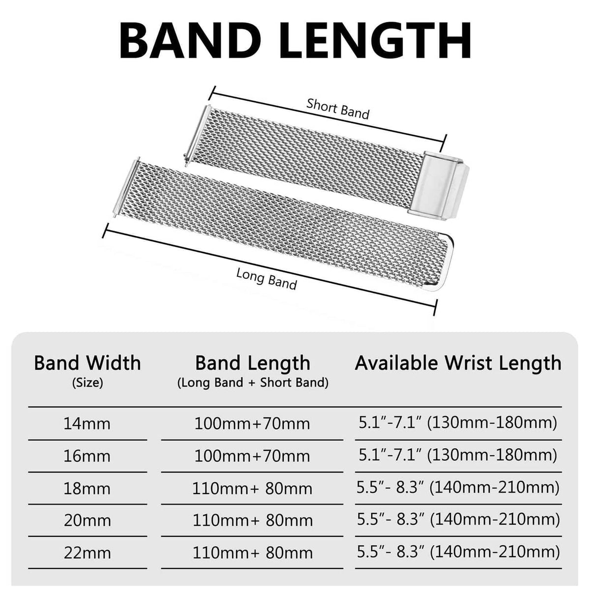 Mesh watch band length diagram with short and long band measurements