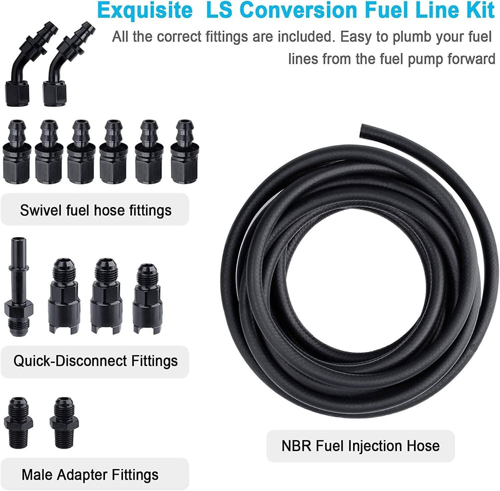 Fuel injection line fitting adapter kit with NBR fuel hose and quick-connect fittings