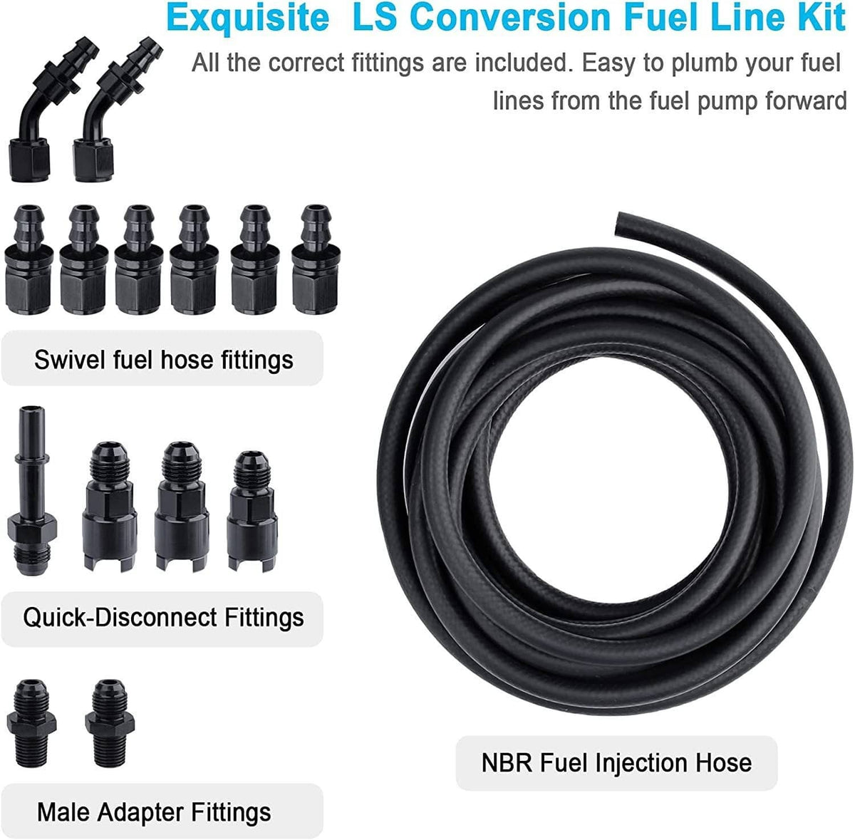 Fuel injection line fitting adapter kit with NBR fuel hose and quick-connect fittings