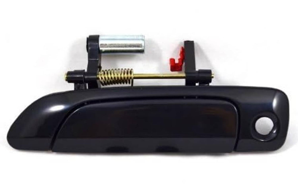 Smooth black exterior door handle, side view, with chrome cylinder and circular pull