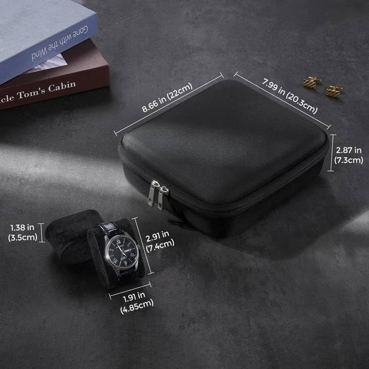 Black hard-shell watch case with secure zipper and watch slots