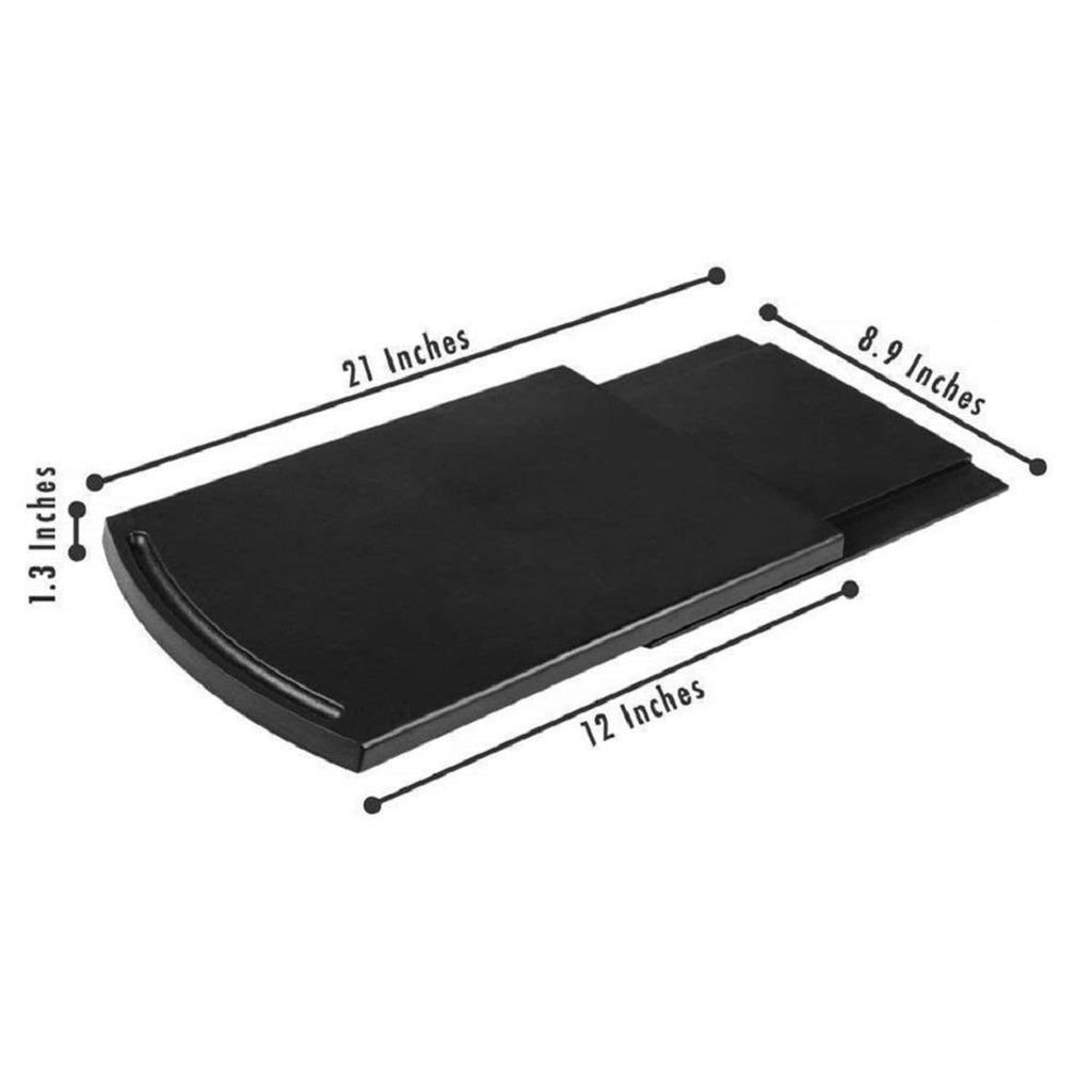 Black sliding coffee maker tray caddy with rounded corners; labeled size dimensions