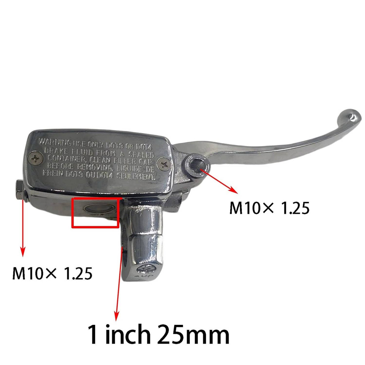 Chrome brake master cylinder with adjustable lever and M10x1.25 mounting hole