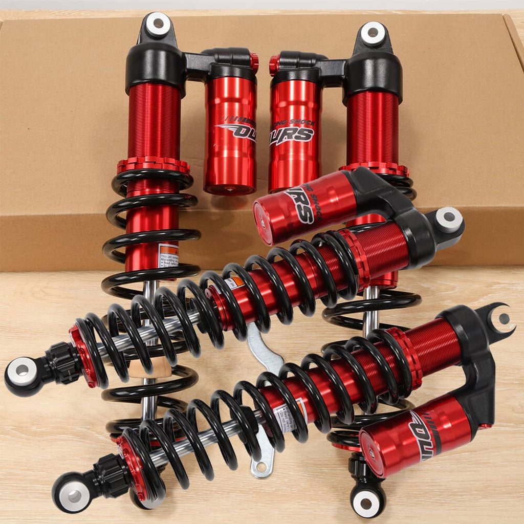 Red and black front and rear shock absorber set with coil springs and mounting eyelets