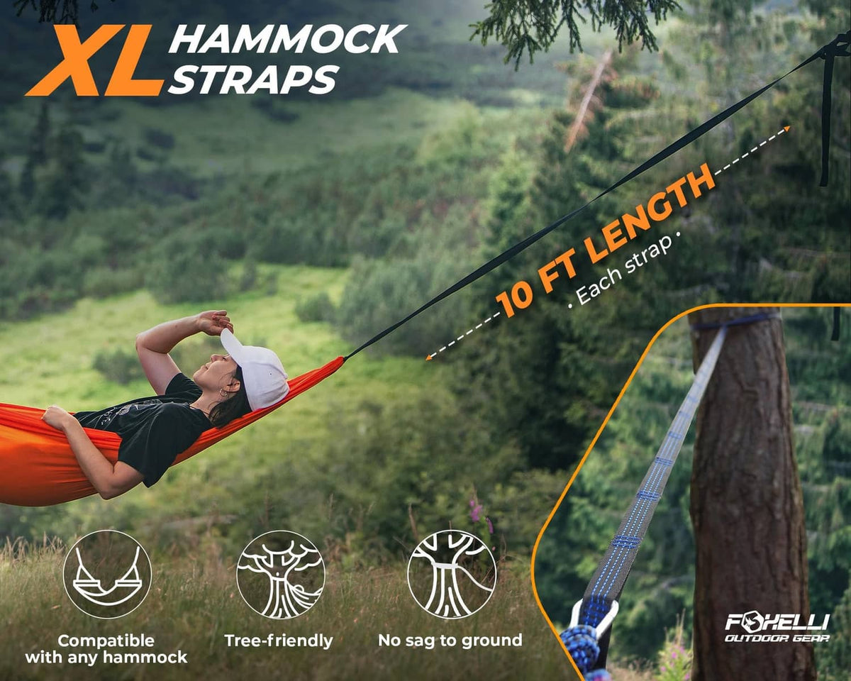 XL hammock straps with long blue-and-black webbing and adjustable hanging ends