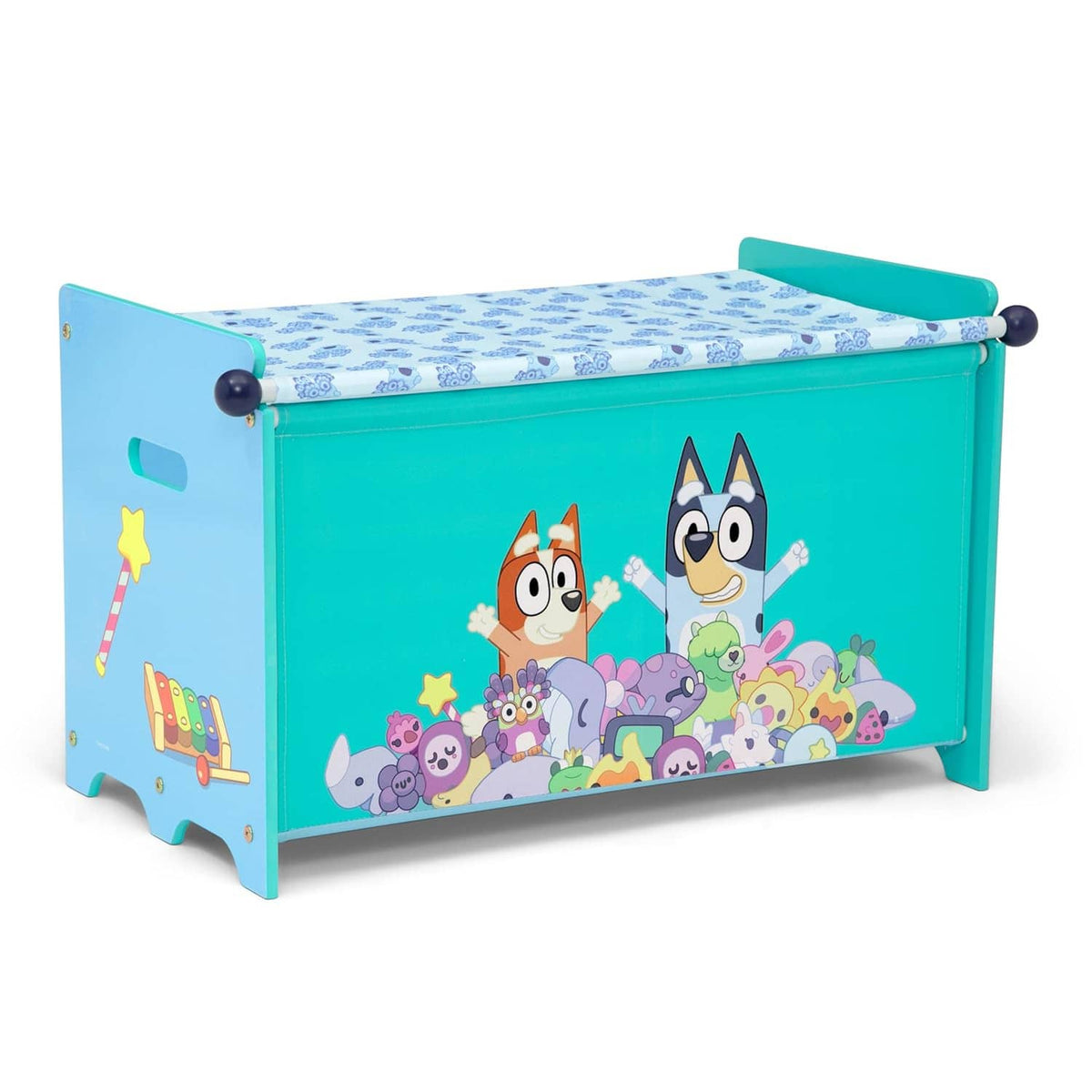 Bluey toddler toy box bench, teal with hinged lid, front graphic of characters and toys