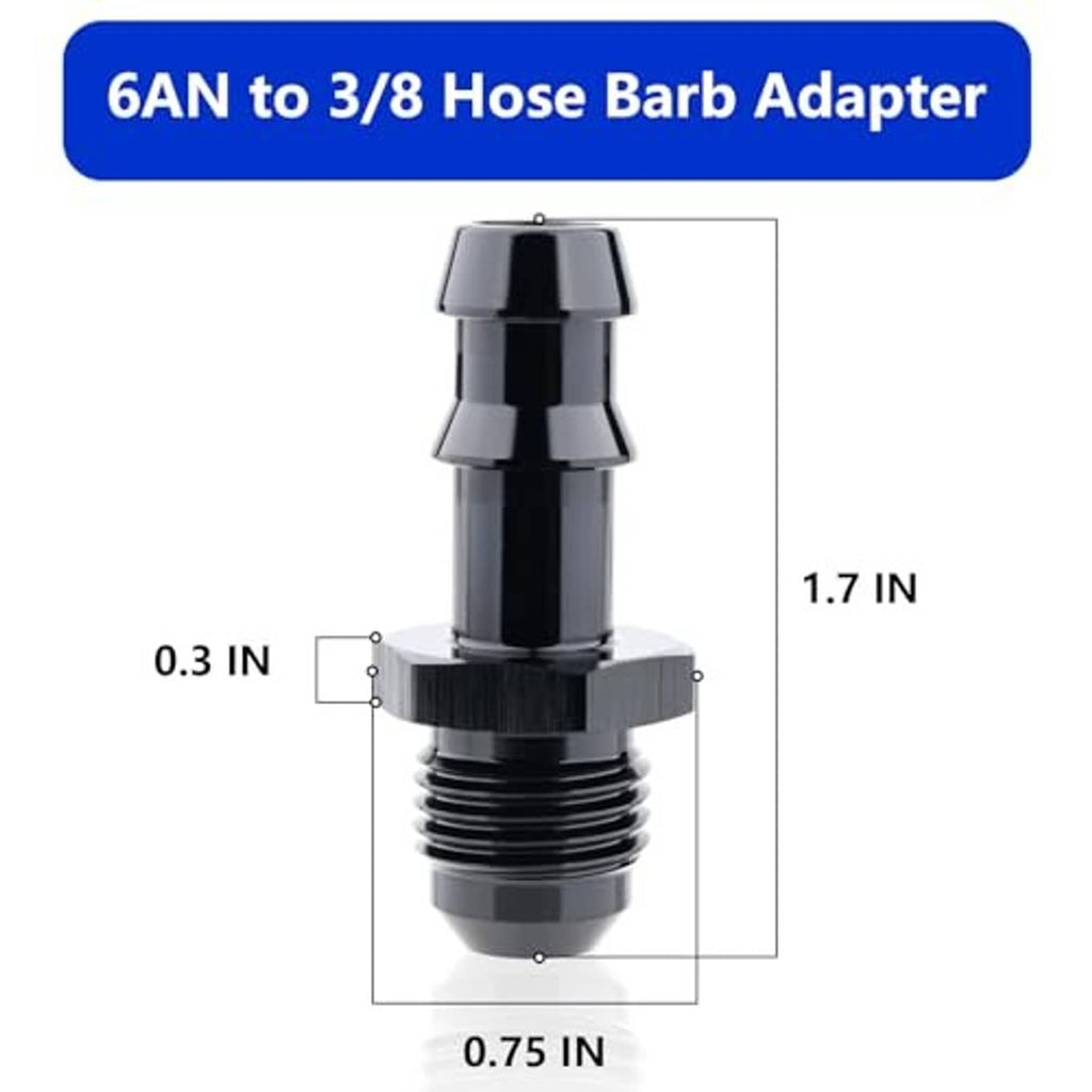 6AN to 3/8 hose barb adapter with size dimensions shown