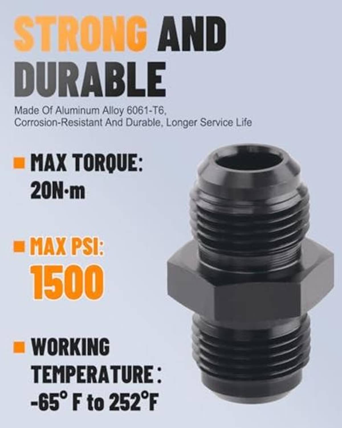 Black AN male flare coupler union with hex body and stacked threaded ends