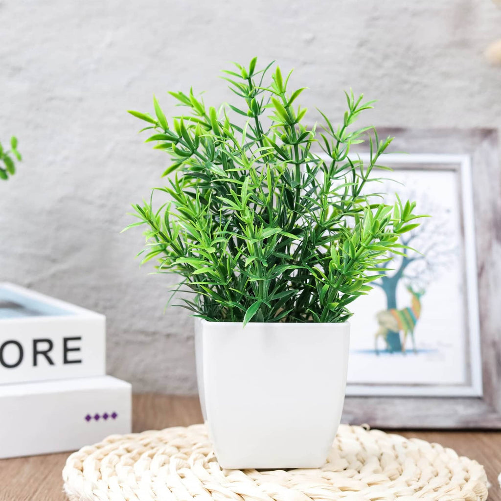 ZJIA small artificial plant with bright green leaves in a white pot.