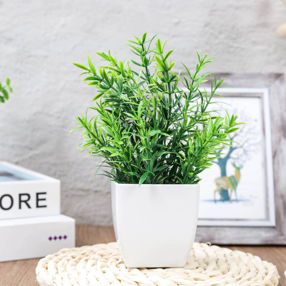 ZJIA small artificial plant with bright green leaves in a white pot.