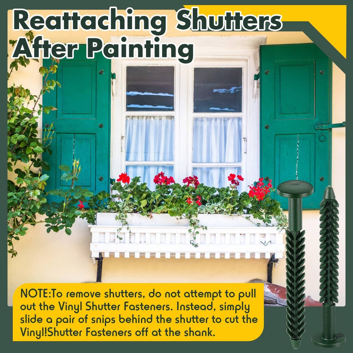 Forest green vinyl shutter fasteners with plastic screw heads for mounting shutters
