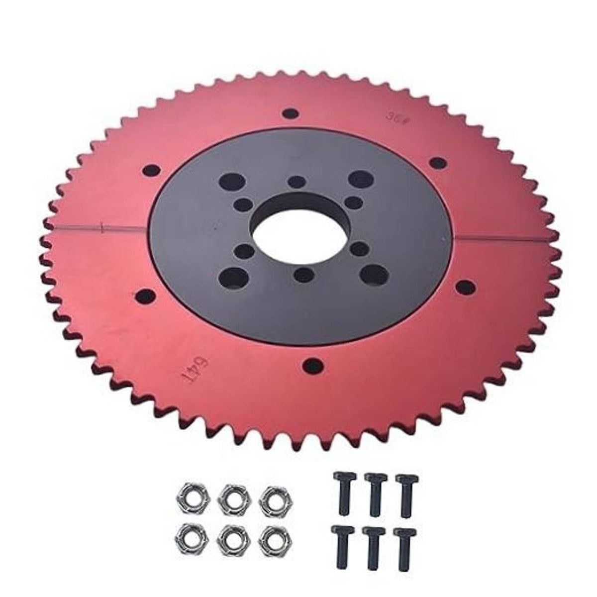 Red and black 64T sprocket wheel with mounting holes, plus nuts and bolts