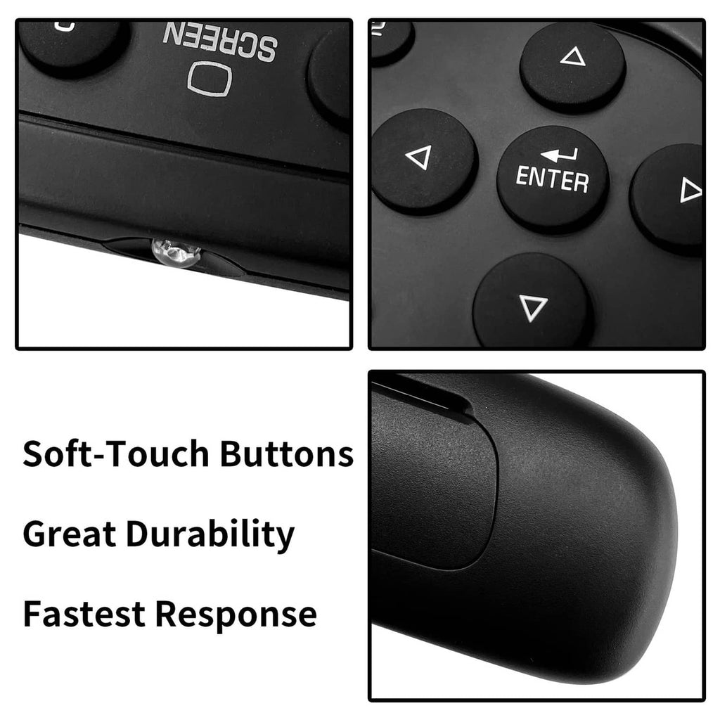 Black remote control with soft-touch buttons and rounded side grip