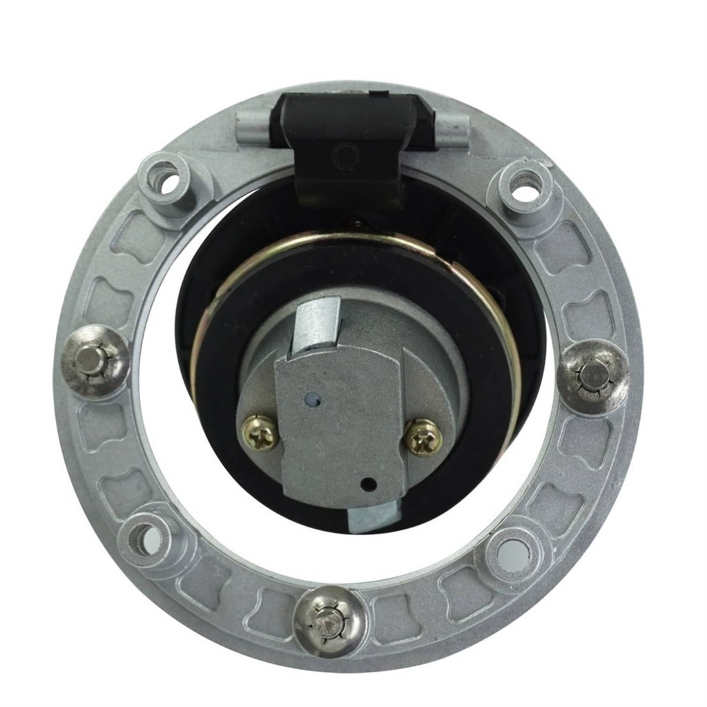 Fuel cap-style ignition lock housing with circular metal frame and internal switch parts