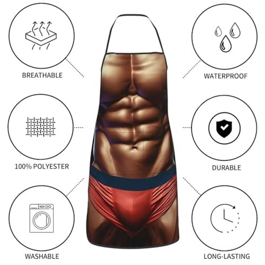 Muscle-print waterproof apron shown with breathable and durable feature icons