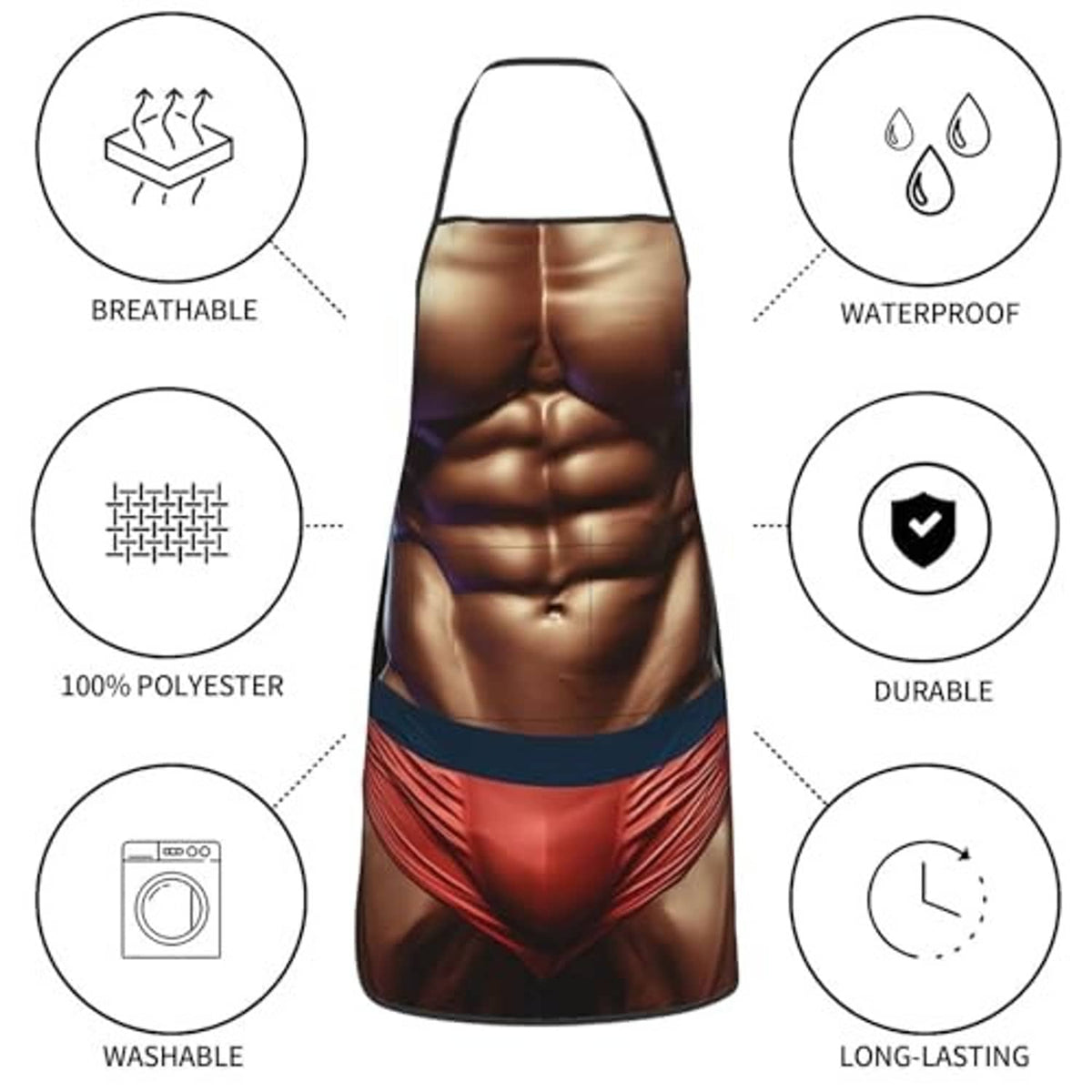 Muscle-print waterproof apron shown with breathable and durable feature icons