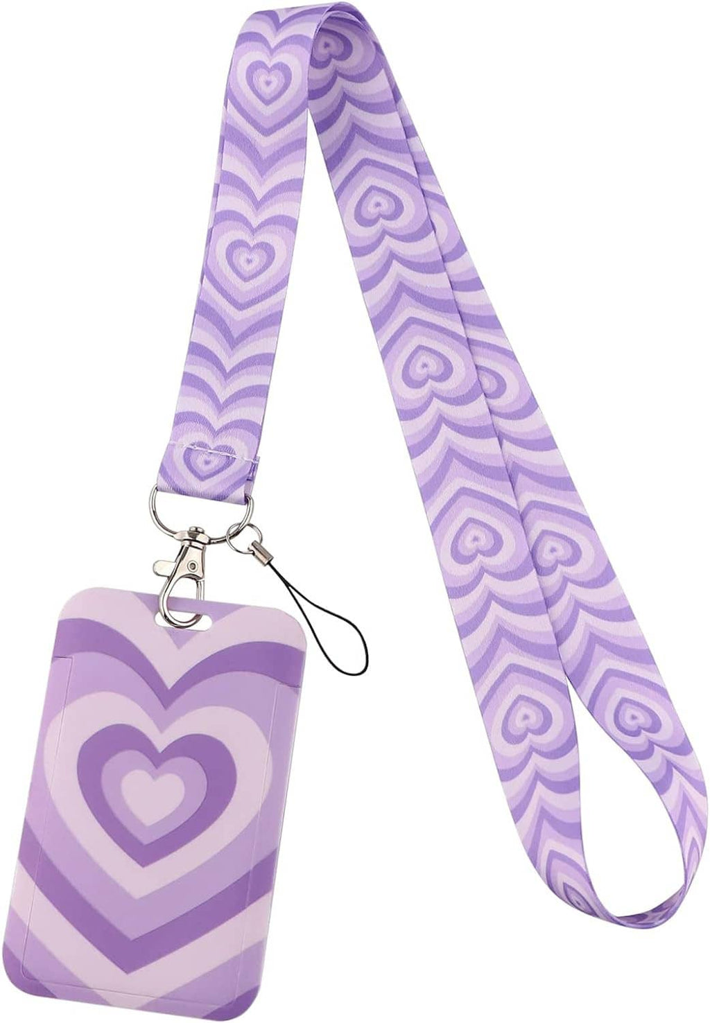 Purple heart pattern ID badge lanyard with key ring and clip, includes pouch
