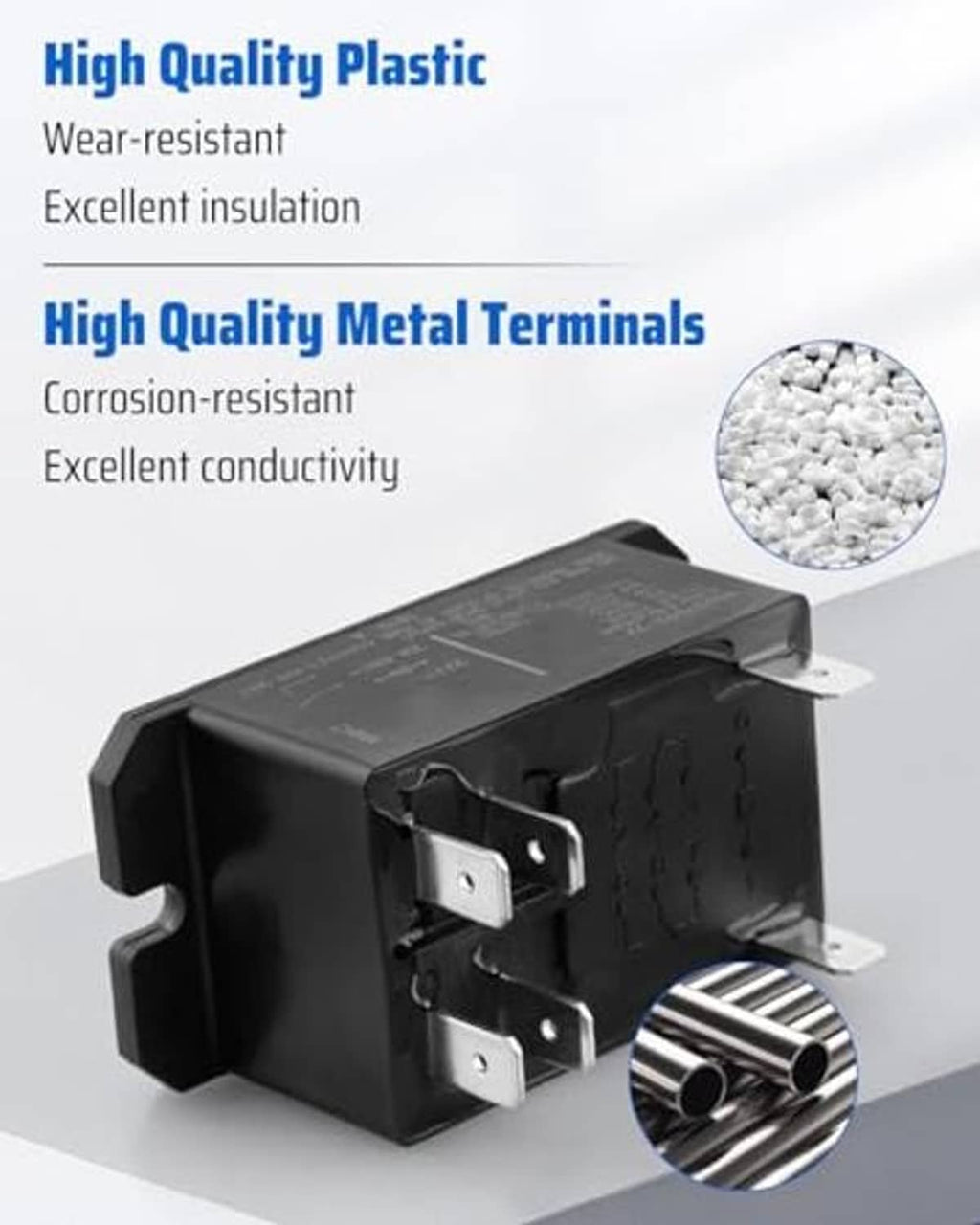 Black plastic HVAC relay with two metal terminals and corrosion-resistant contacts