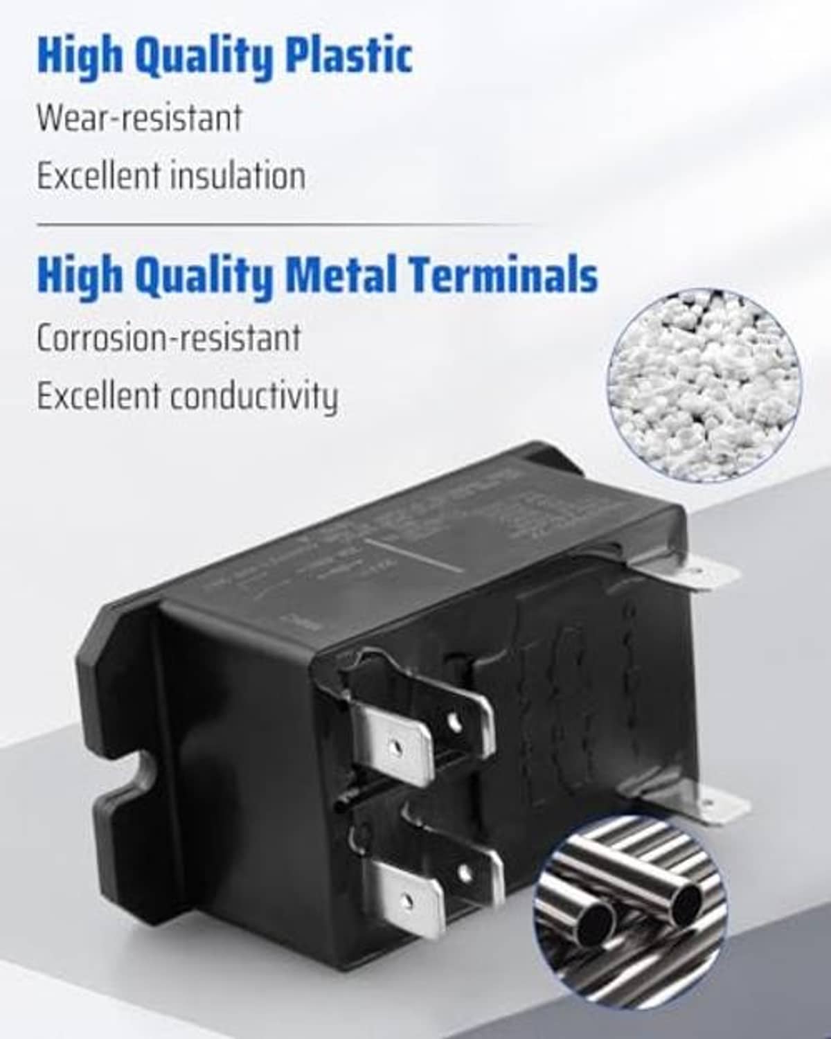 Black plastic HVAC relay with two metal terminals and corrosion-resistant contacts