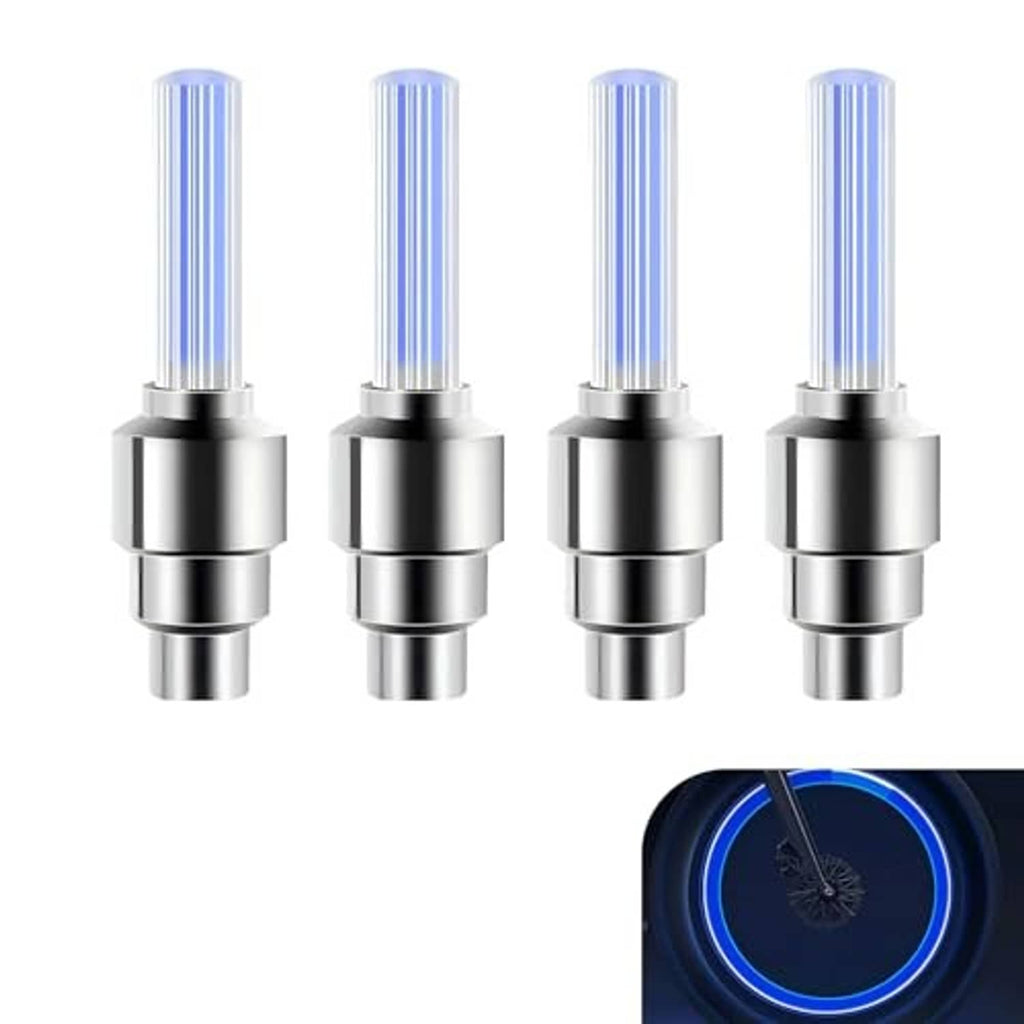 Four LED tire valve stem caps with blue light tubes and silver metal mounting bases