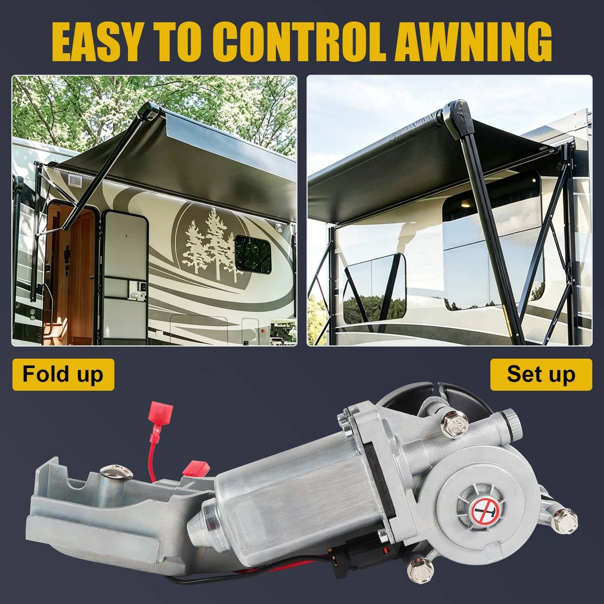RV awning motor assembly for repair, silver metal body with black end plate and red wires