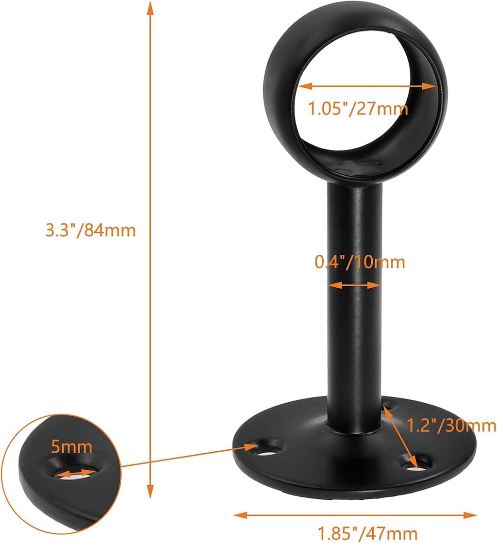 Black ceiling curtain rod bracket shown with flange and ring holder dimensions