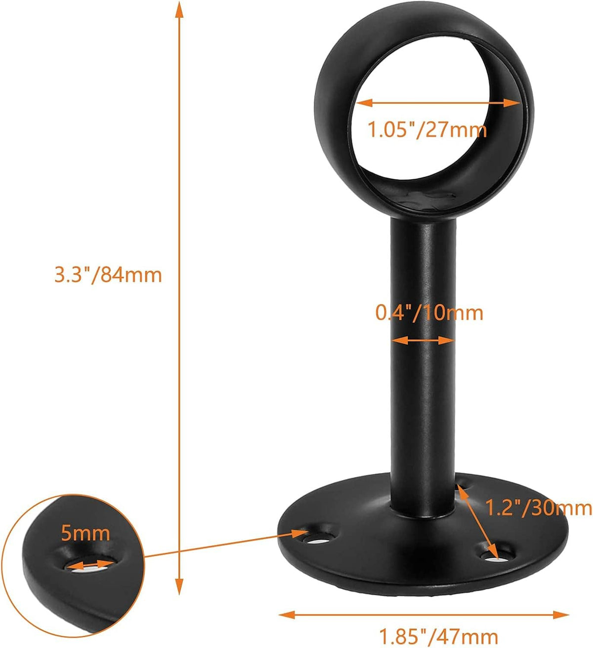 Black ceiling curtain rod bracket shown with flange and ring holder dimensions