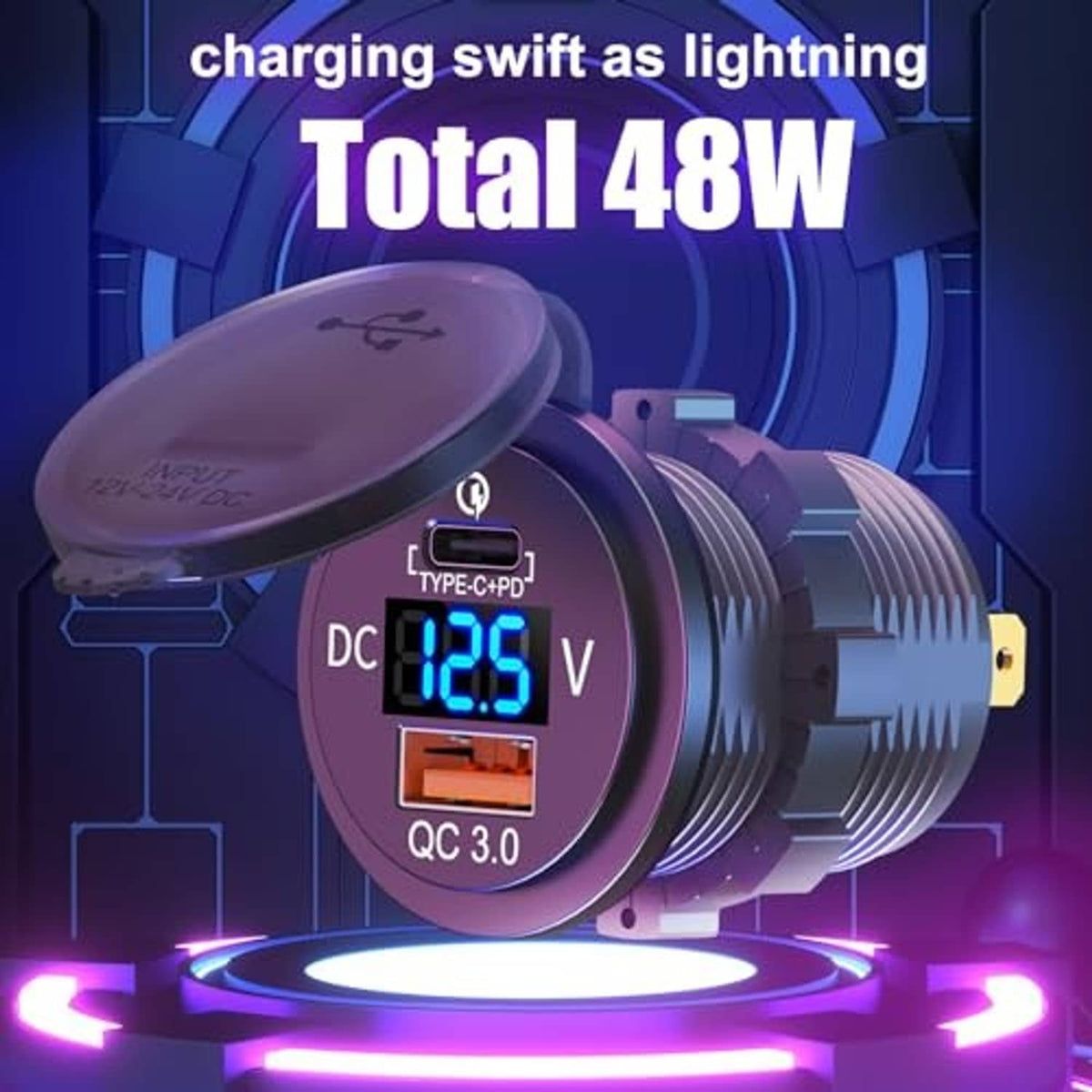 Black car USB charger socket with Type-C PD and QC 3.0, barrel vent design