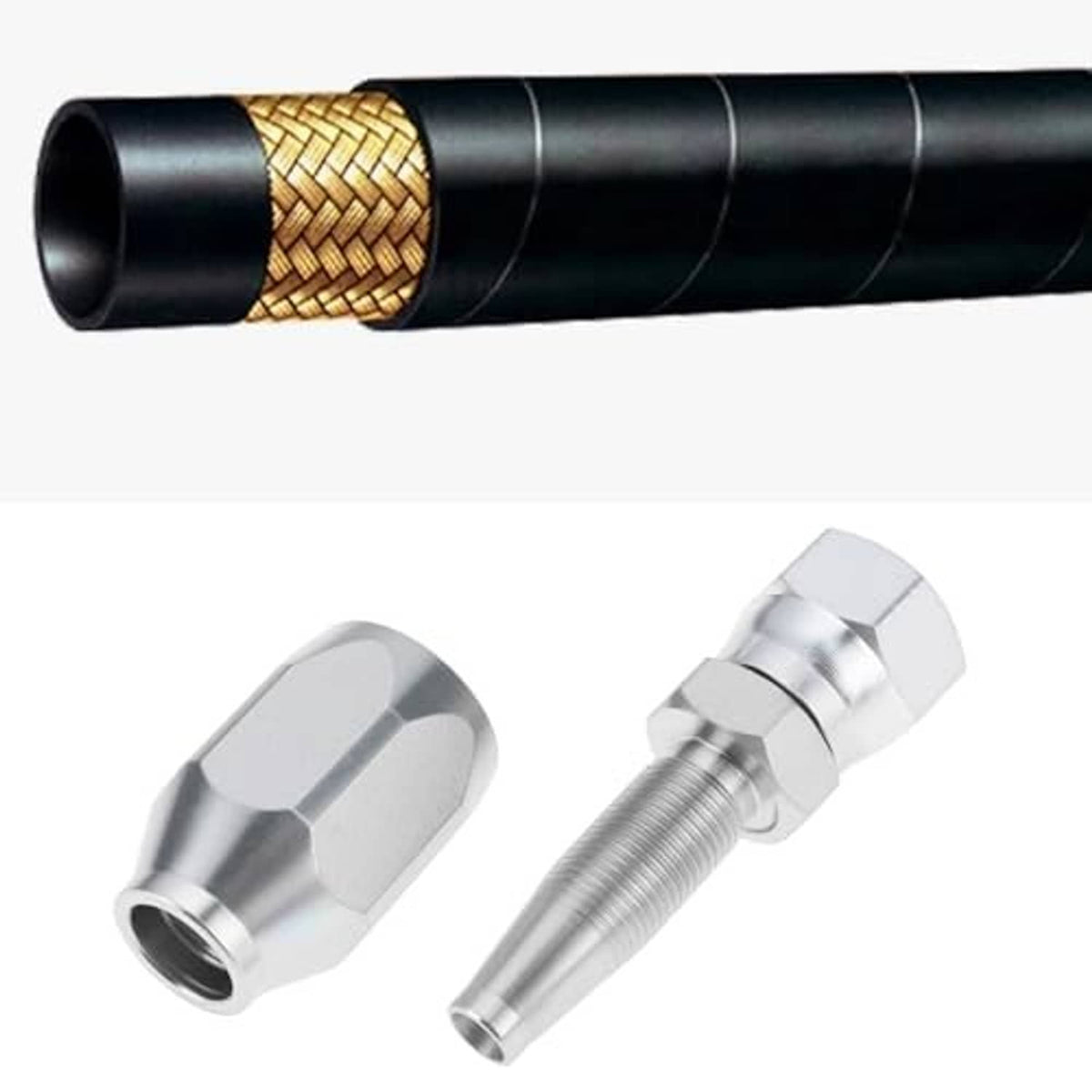 OTOTEC reusable 3/8 BSP hydraulic fitting with silver hex adapter and rubber-hose end