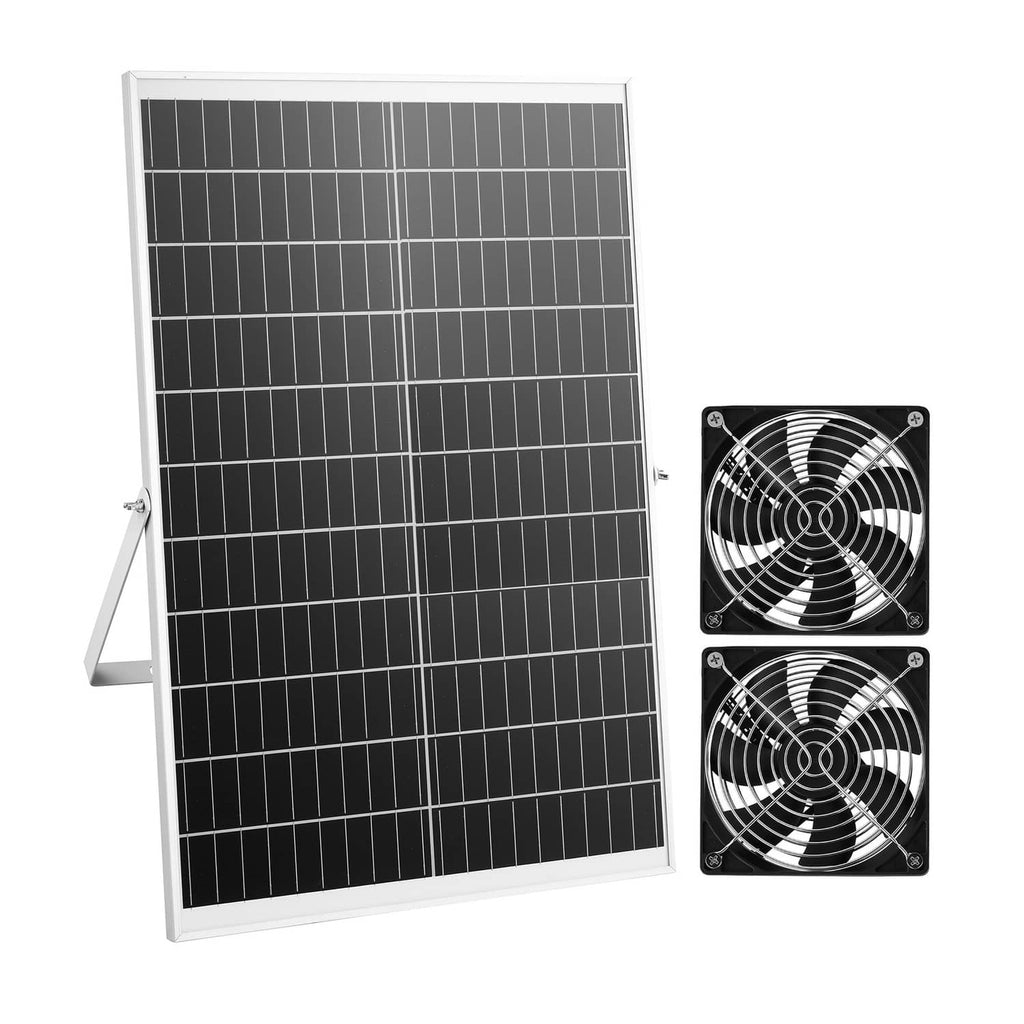Solar-powered greenhouse ventilation fan kit with 30W panel and dual square fan units