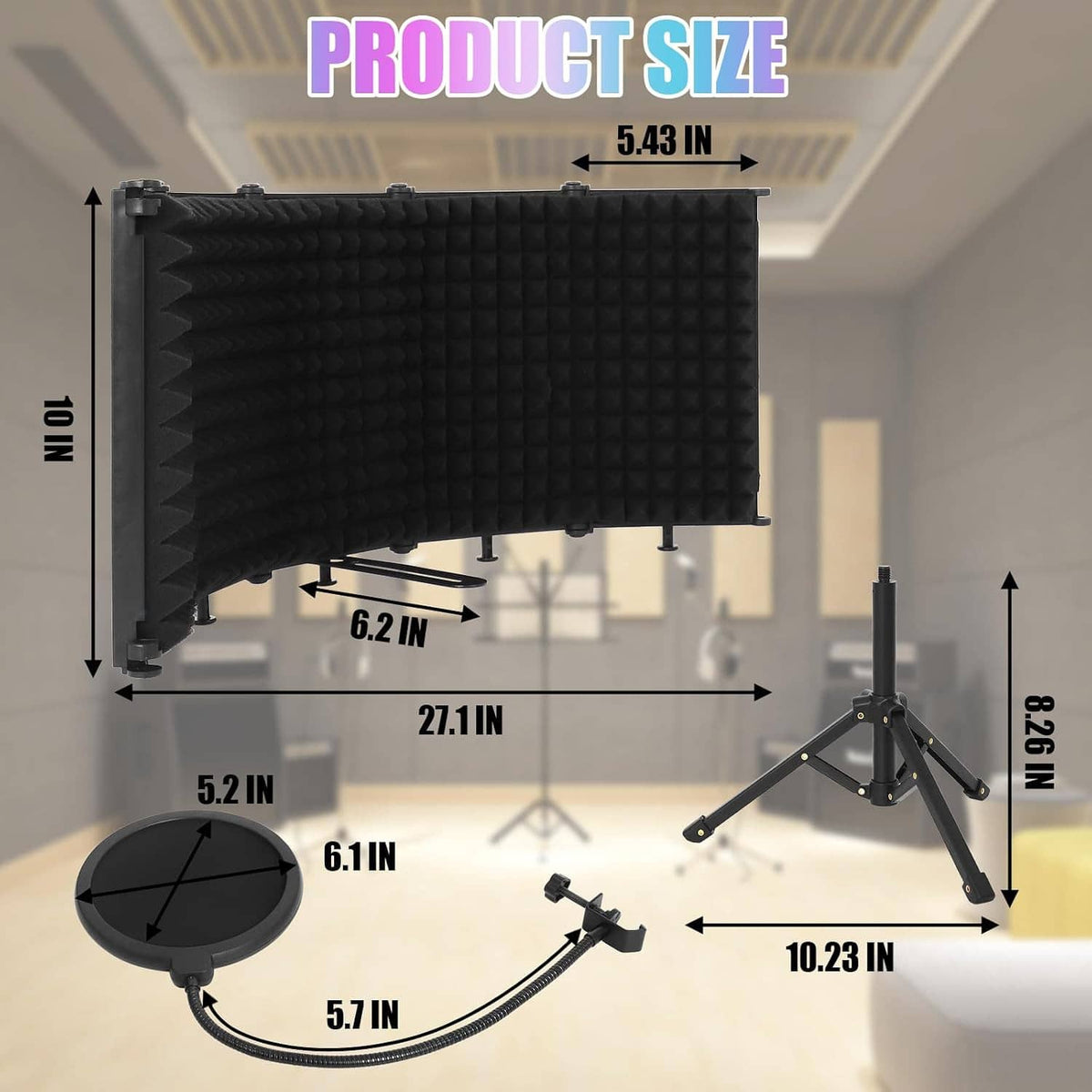 Microphone isolation shield with circular pop filter and size layout measurements