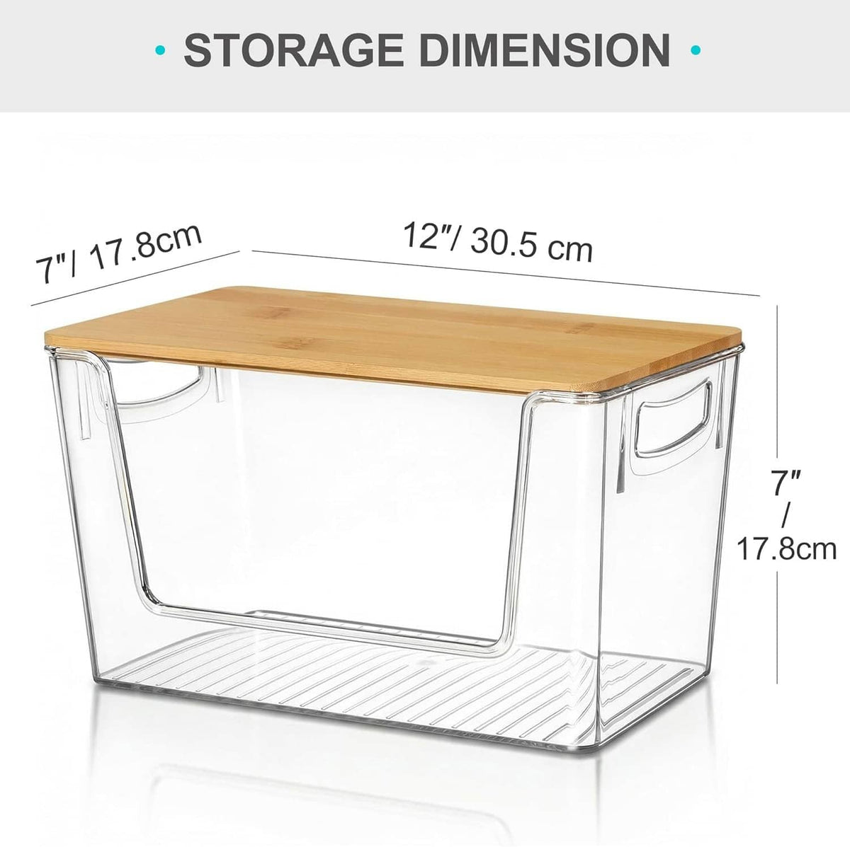 Clear storage bin with bamboo lid, single bin size dimensions shown in inches and cm
